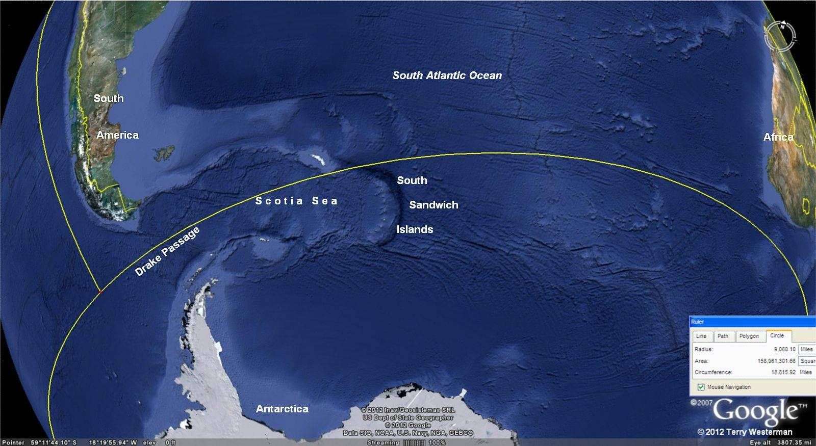 Cape Horn and Drake Passage along the Baffin Island Impact 9060 mile radius seismic circle.