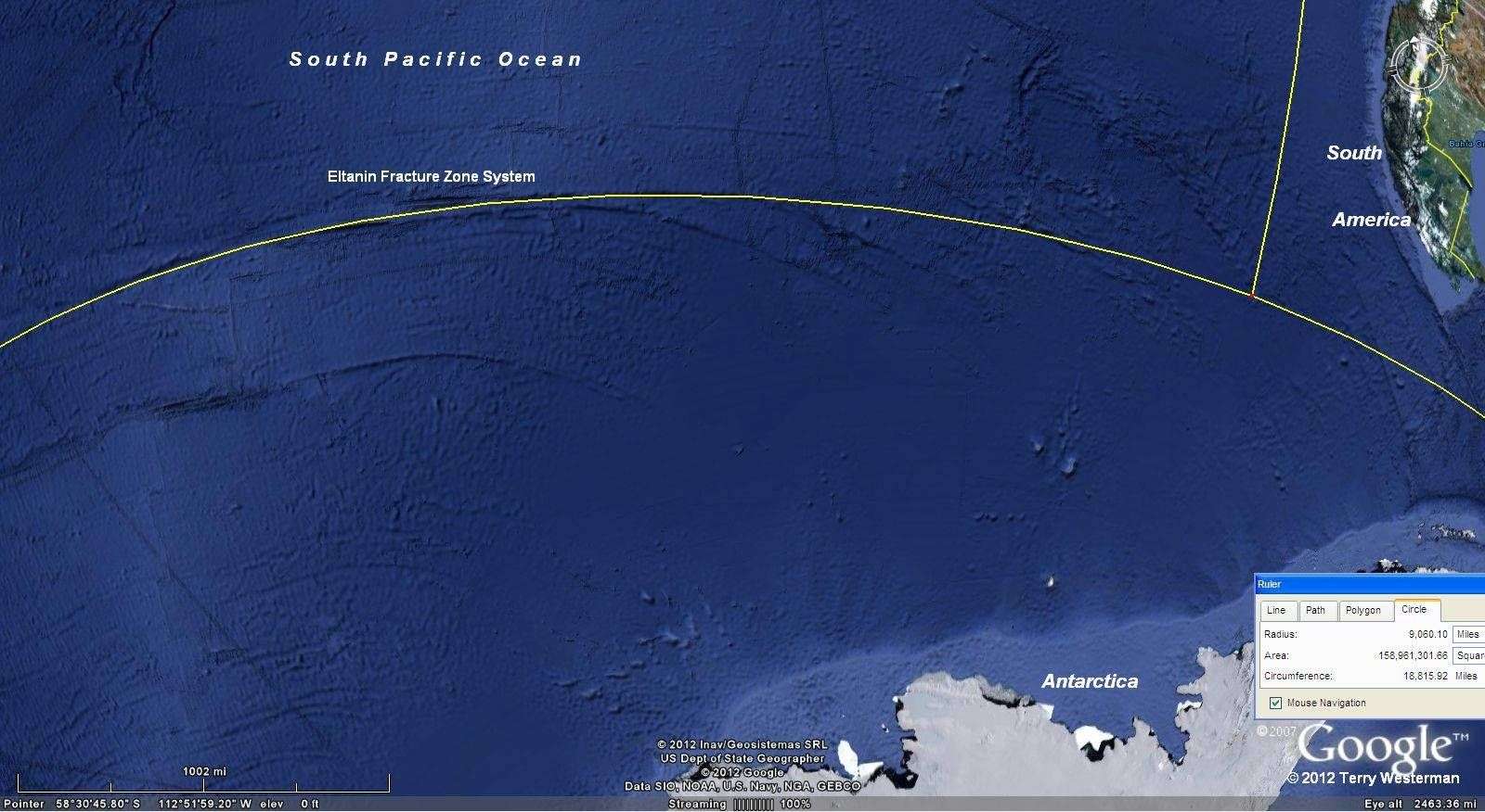 The Baffin Island Impact 9060 mile radius seismic circle.