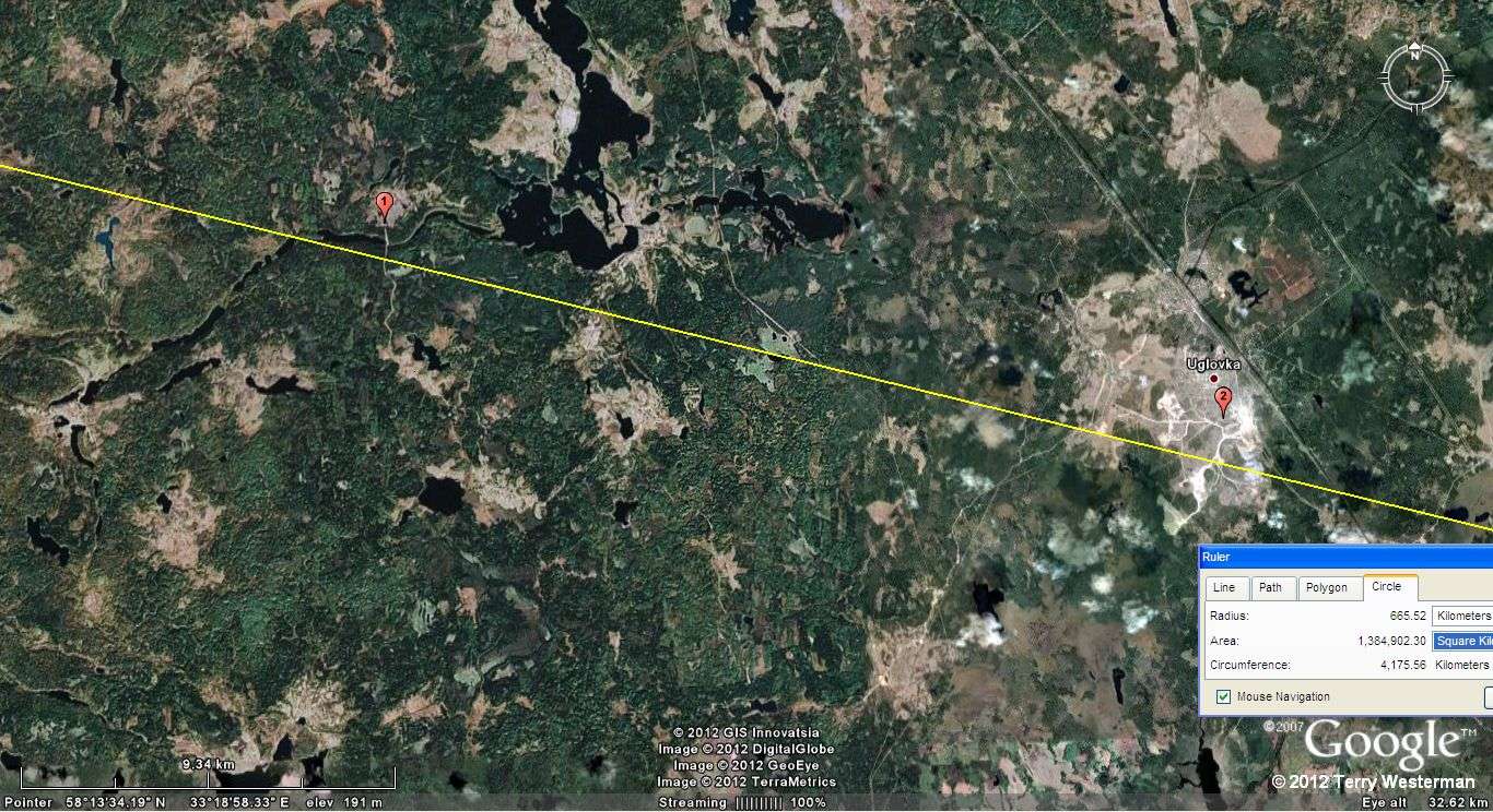 The 665 km radius seismic circle from the Eurasia Meteor Impact To the North northeast at Uglovka, Russia.