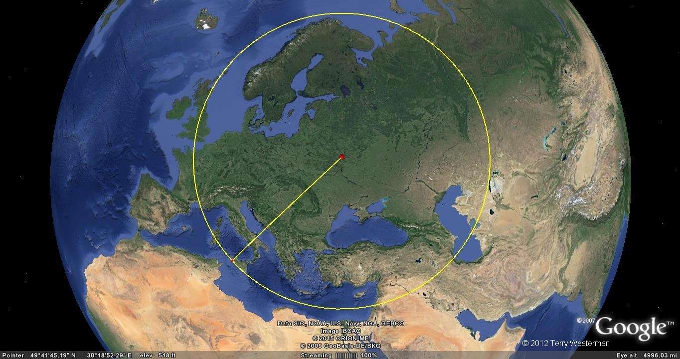 The 2160 kilometer seismic circle from the Eurasia Meteor Impact.