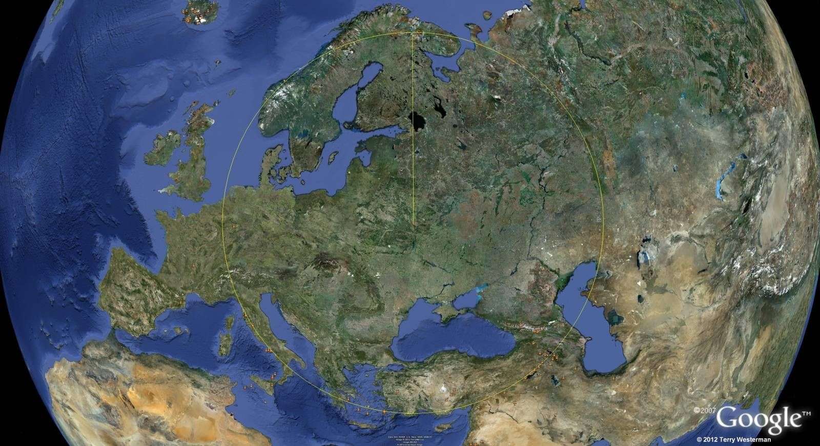 The 1780 km radius seismic circle from the Eurasia Meteor Impact.