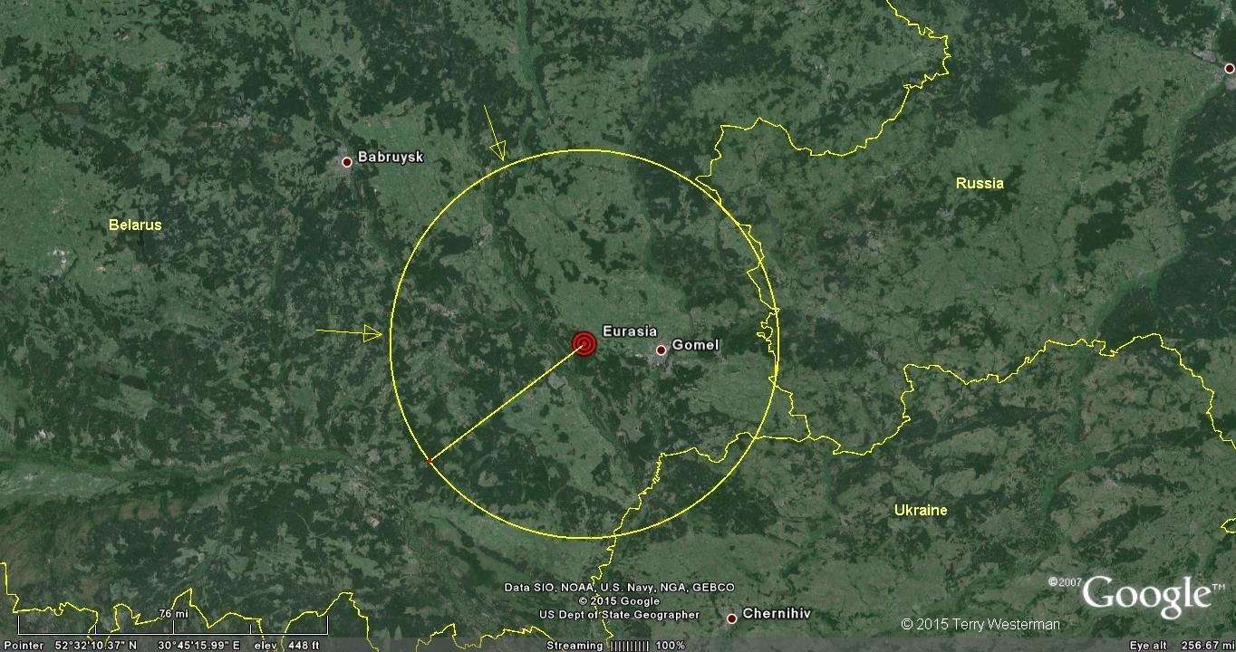 The 75 km radius seismic circle defines part of the border between Russia and Belarus.