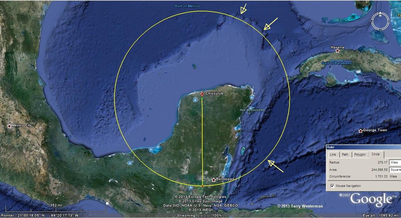 Seismic circle from Chicxulub Meteor Impact, 278 miles radius