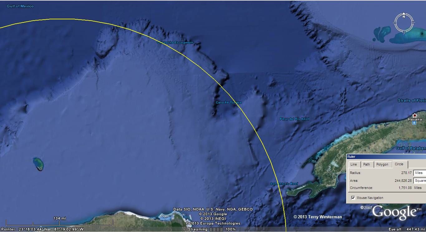 Northeast section of the Seismic circle from Chicxulub Meteor Impact, 278 miles radius.