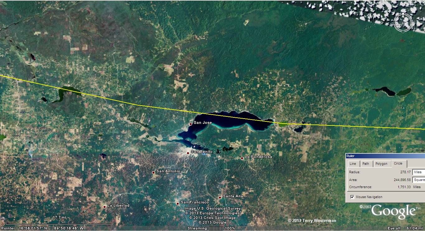 To the south of the Chicxulub Impact, Lago (Lake) Peten Itza is a clear marker for the seismic circle.