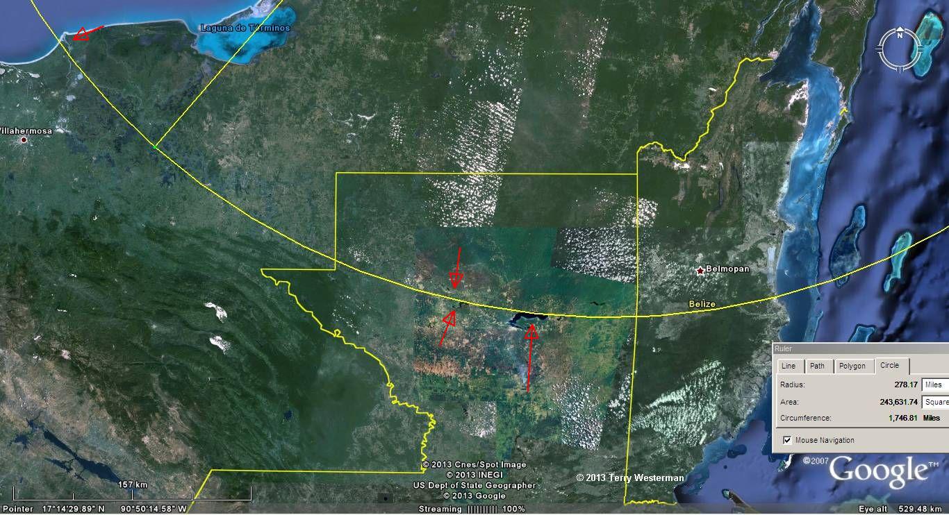 Chicxulub Impact, 278 miles radius to the South through Tabasco, Mexico, Guatemala, and Belize.