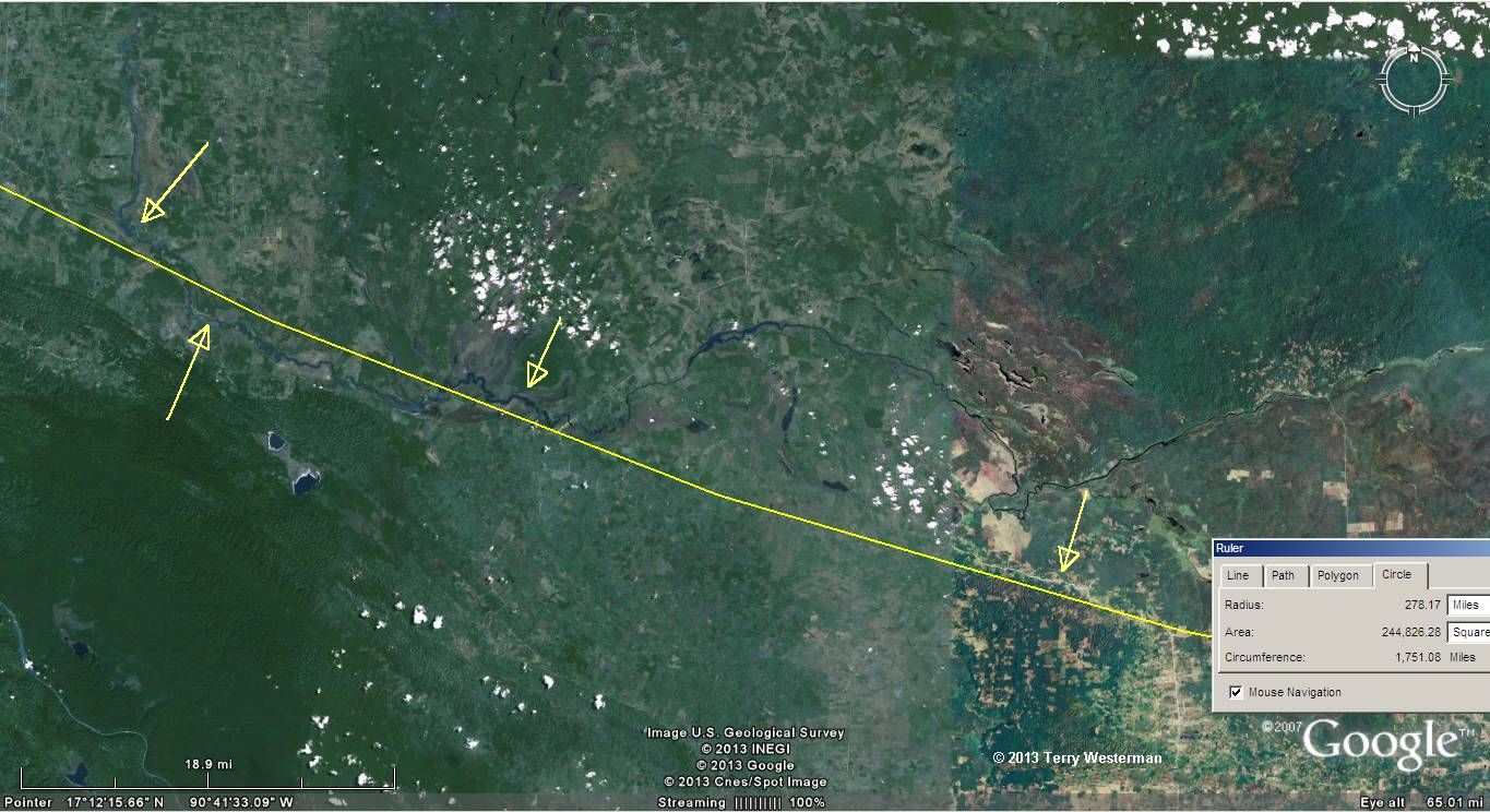 To the South southwest from the Chicxulub Impact, the rivers and roads mark the circle at 278 miles radius.