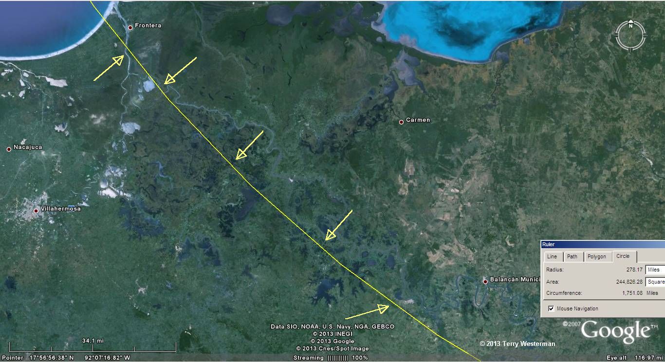 To the Southwest of the Chicxulub Impact, at 278 miles radius, the river passing Frontera, Tabasco, Mexico