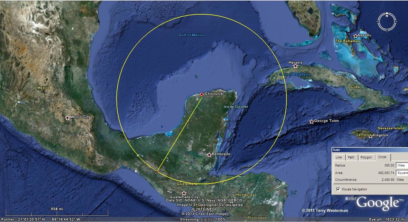 Chicxulub Impact, the seismic circle at 395 miles radius