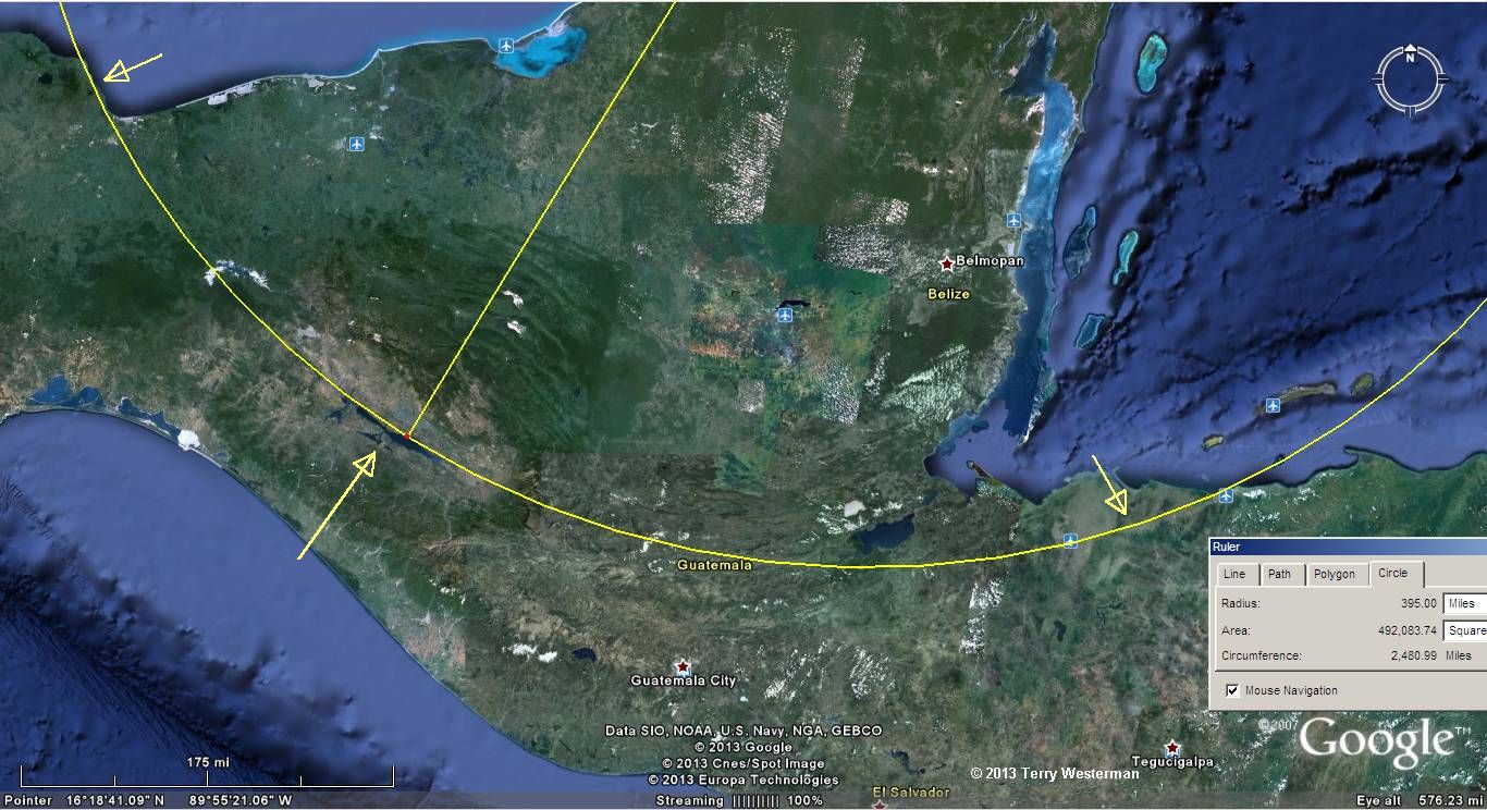 Chicxulub Impact to the South, the seismic circle at 395 miles radius