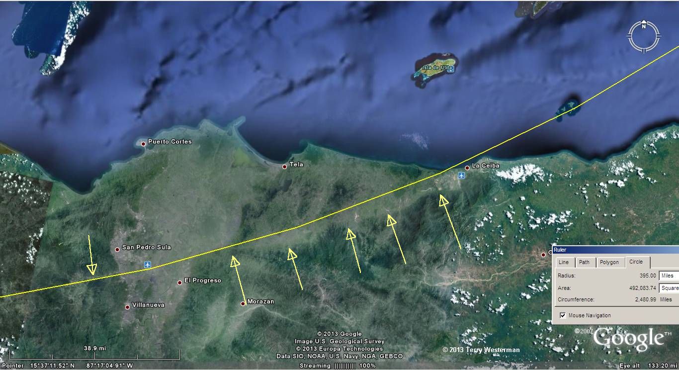 Chicxulub Impact seismic circle at 395 miles radius to the Southeast