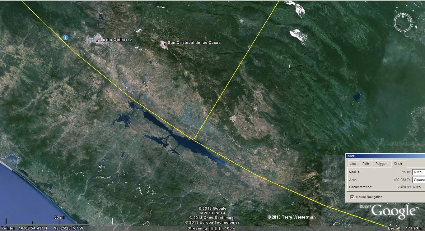 Chicxulub Impact seismic circle at 395 miles radius,  the lake defines the circle for 55 miles