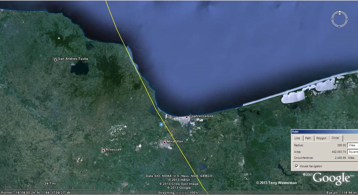 Chicxulub Impact the seismic circle at 395 miles radius to the Southwest