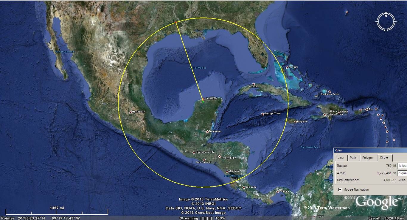 Chicxulub Impact the seismic circle at 750 miles radius