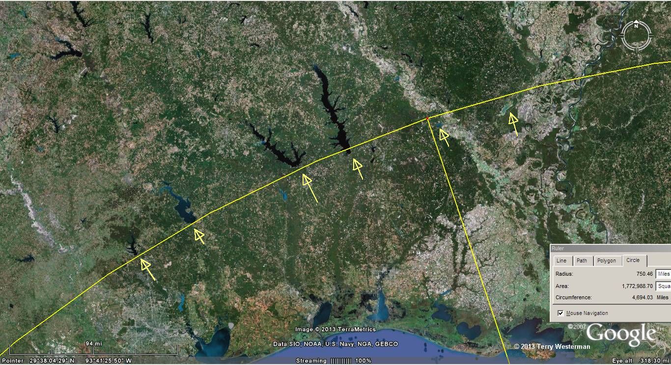 Through South eastern Texas, reservoirs line up along the Chicxulub Impact 750 mile radius seismic line.