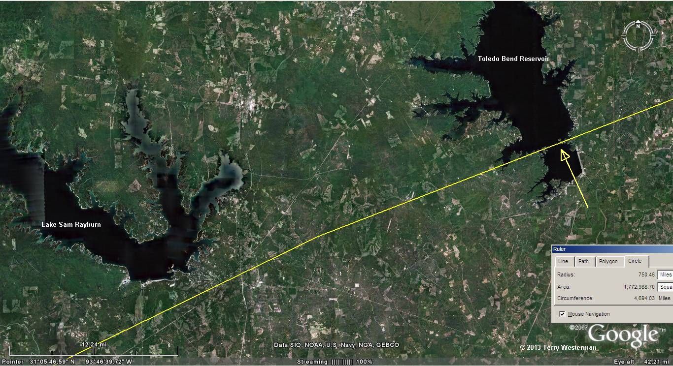 Lake Sam Rayburn and Toledo Bend Reservoir are on the 750 mile Chicxulub Impact seismic circle.