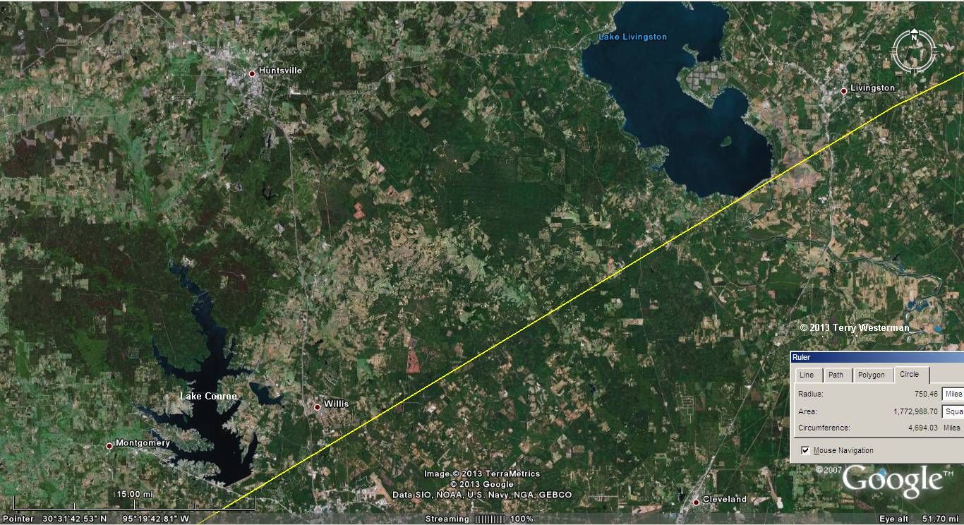 Lake Conroe and Lake Livingston are on this Chicxulub Impact seismic circle.