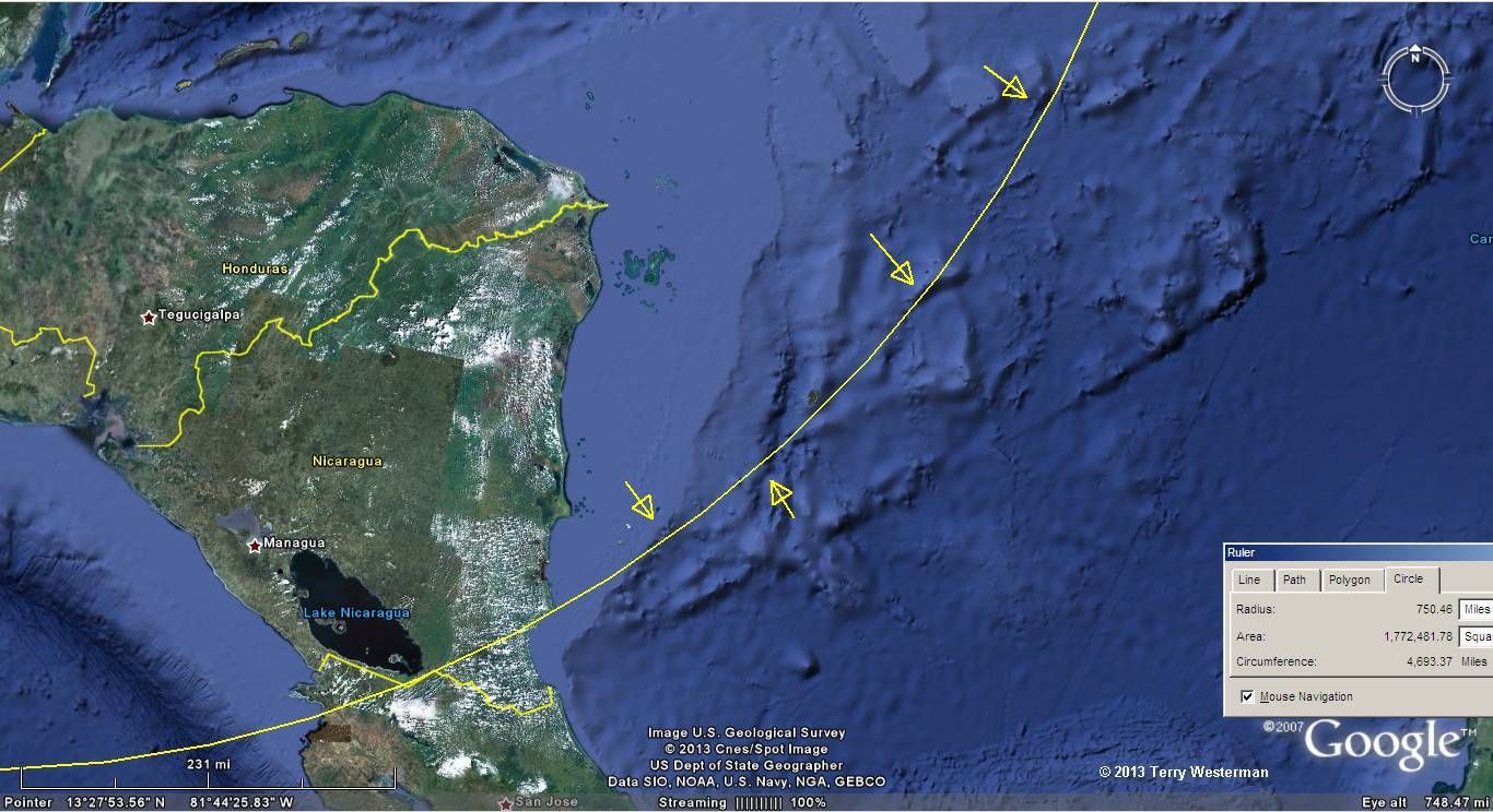 Lake Nicaragua and several indicators on the sea floor mark this Chicxulub Impact seismic circle