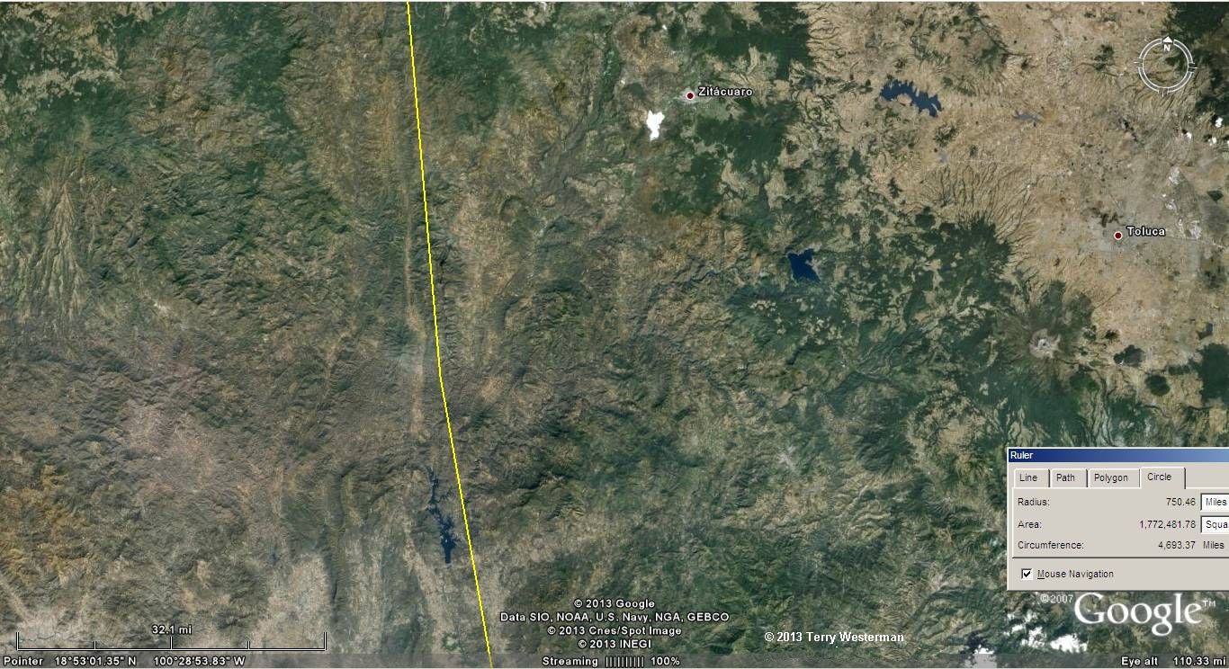 Chicxulub Impact seismic circle at 750 miles radius through NE Guerrero and eastern Michoacán, Mexico