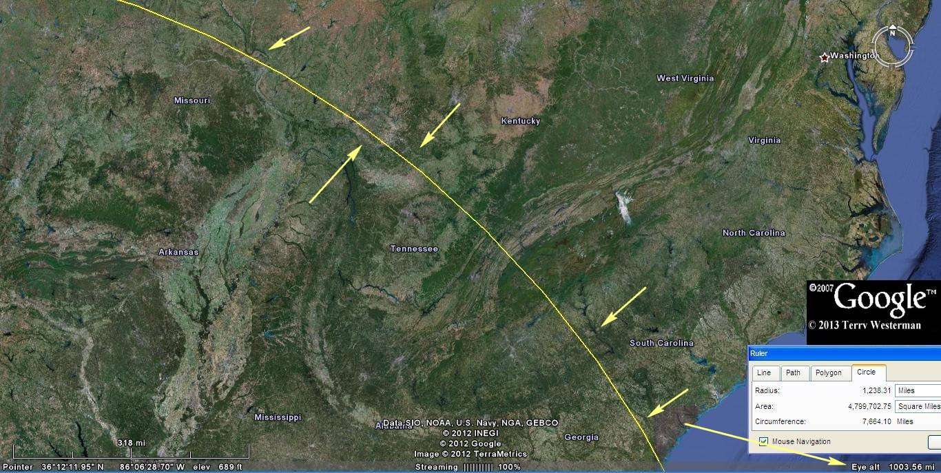 Ã‰bano Impact shock wave alignments at 1240 miles northeast.