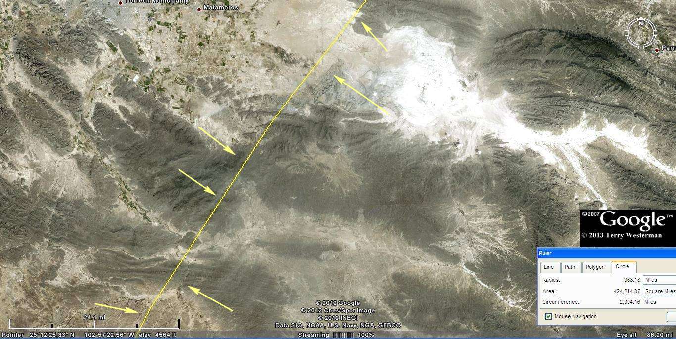 Ã‰bano Impact shock wave alignments at 370 miles northwest.