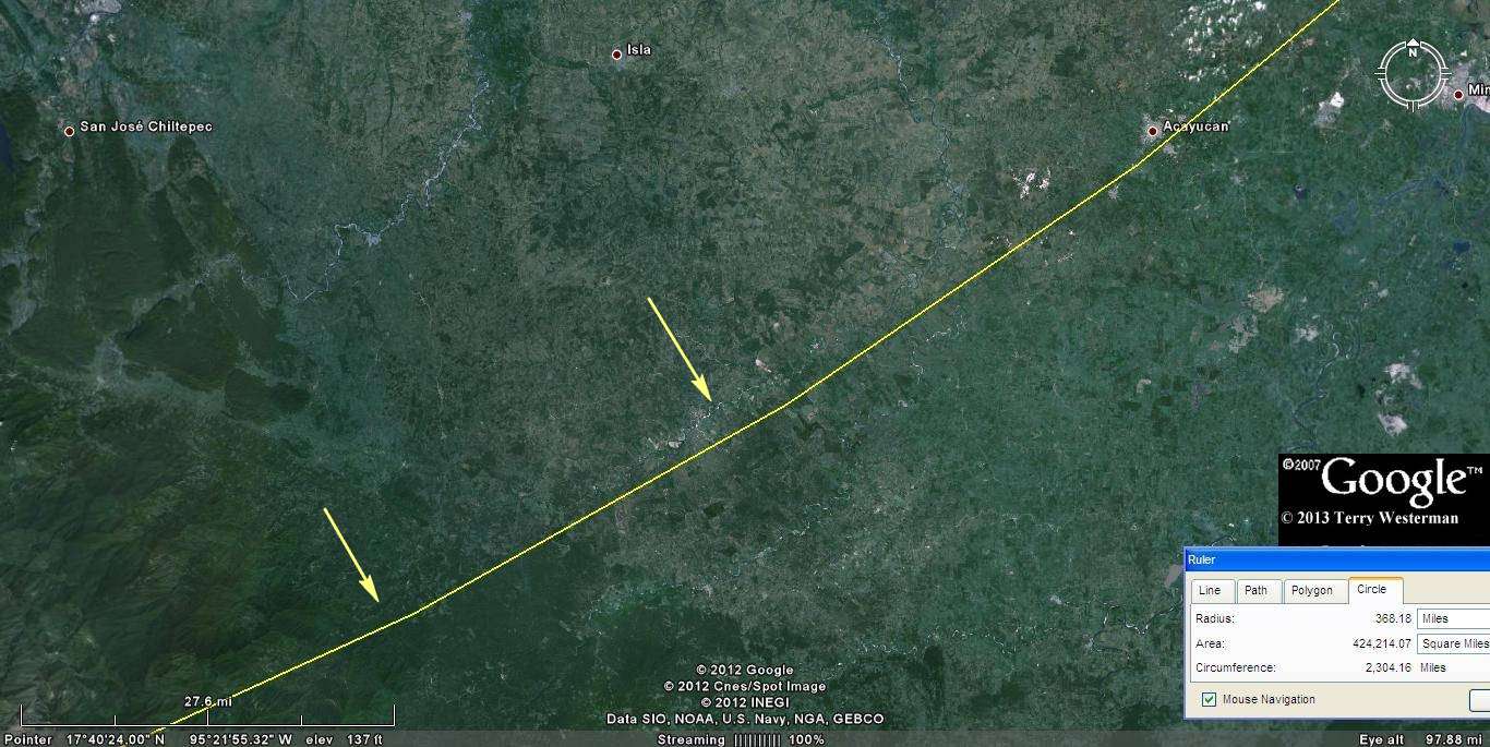 Ã‰bano Impact shock wave alignments at 370 miles southeast.