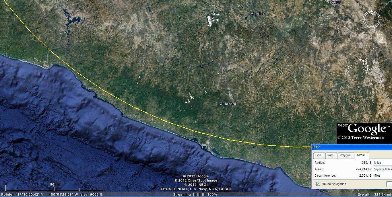 Ã‰bano Impact shock wave alignments at 370 miles southwest.