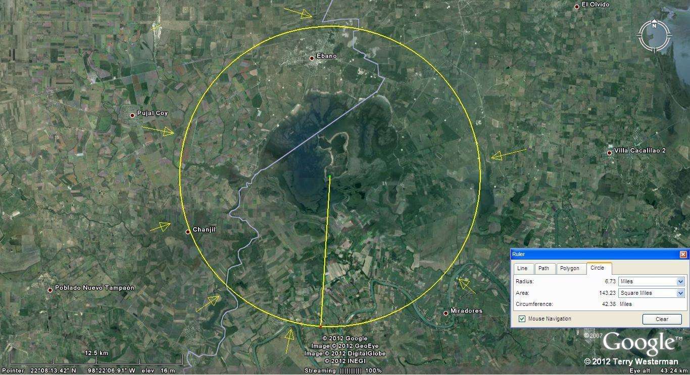 Ã‰bano Impact site first shock wave alignments at 7 miles radius.