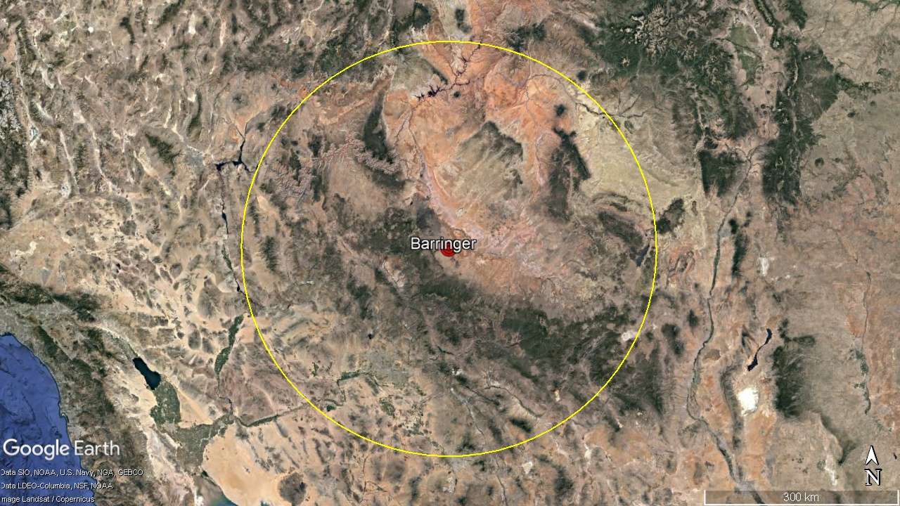 Barringer Meteor Crater 187 mi radius, seismic circle