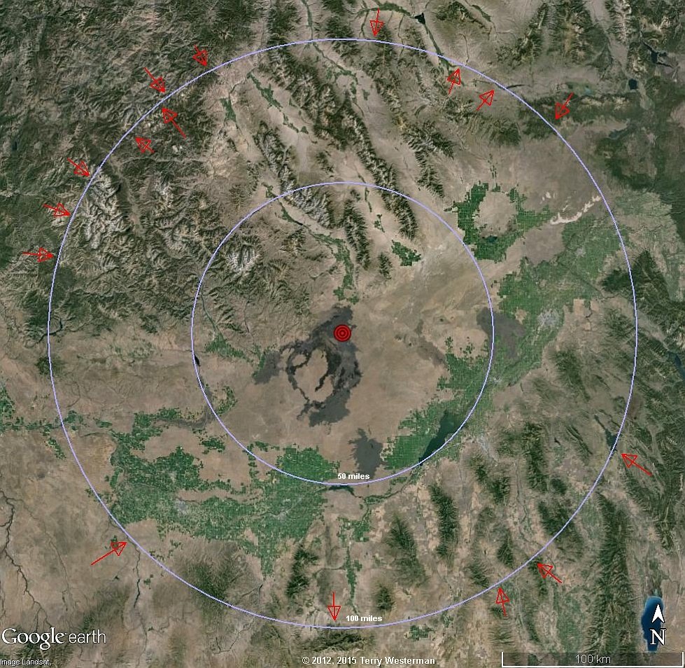 Craters of the Moon 50 and 100 mile radius seismic circles.