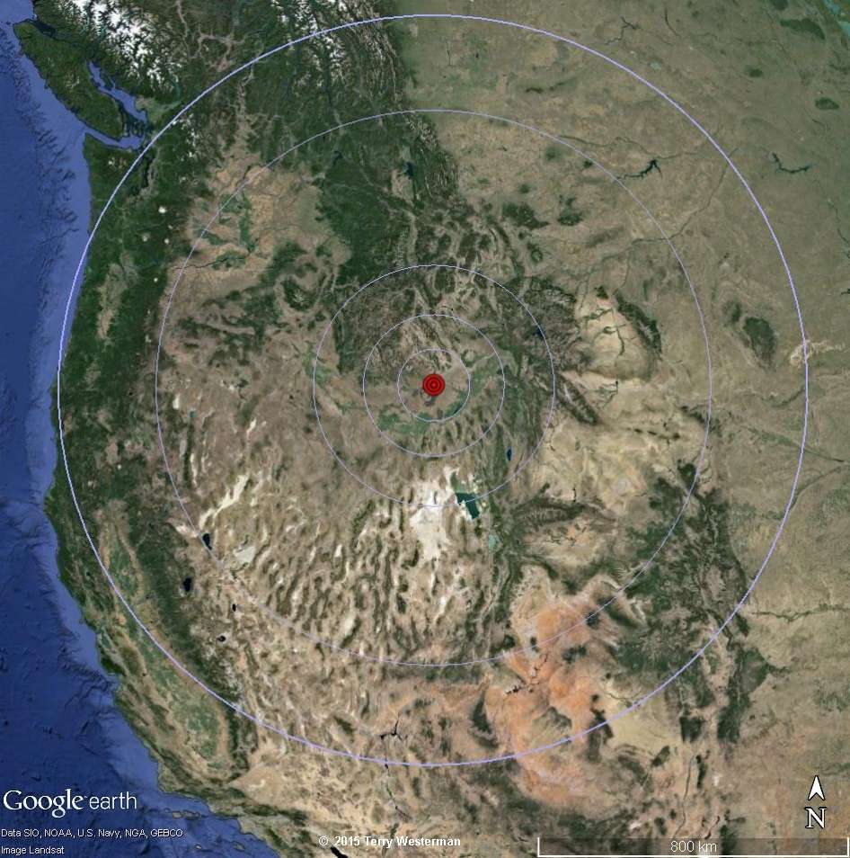 Craters of the Moon 550 mile radius seismic circle