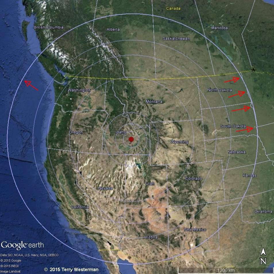 Craters of the Moon 850 mile radius seismic circle