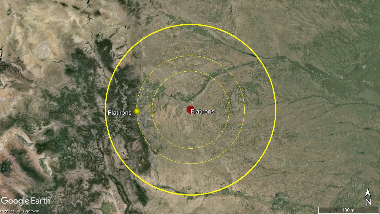 The Flatirons Meteor Impact seismic circle at 134 miles radius.