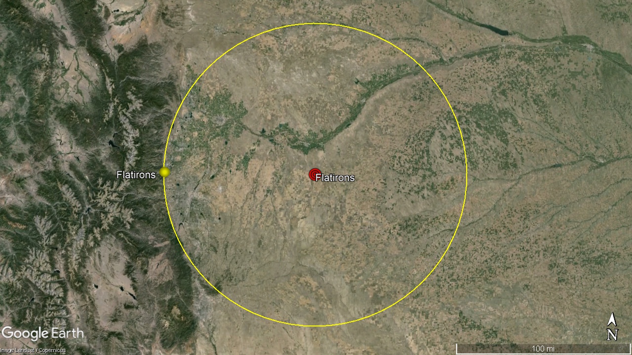 The Flatirons Meteor Impact was centered at  40° 3'6.95"N 103°47'9.53"W. The 80 mile radius seismic circle of the impact formed the circular arc of the Front Range in Colorado.