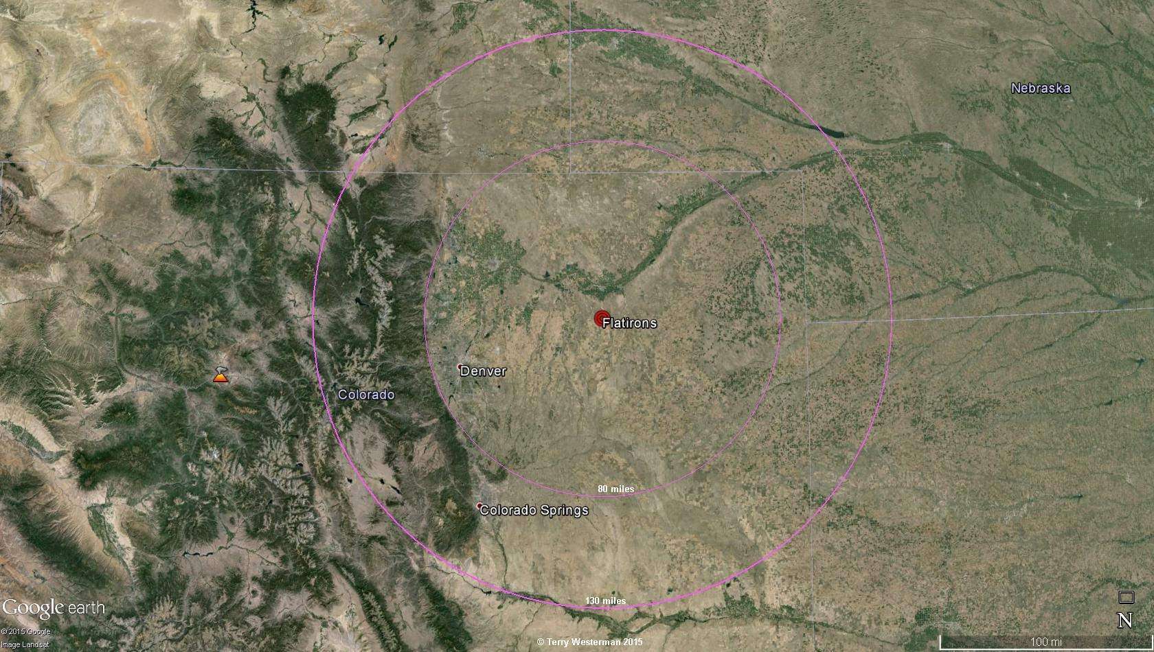 The Flatirons Meteor Impact seismic circle at 130 miles radius.
