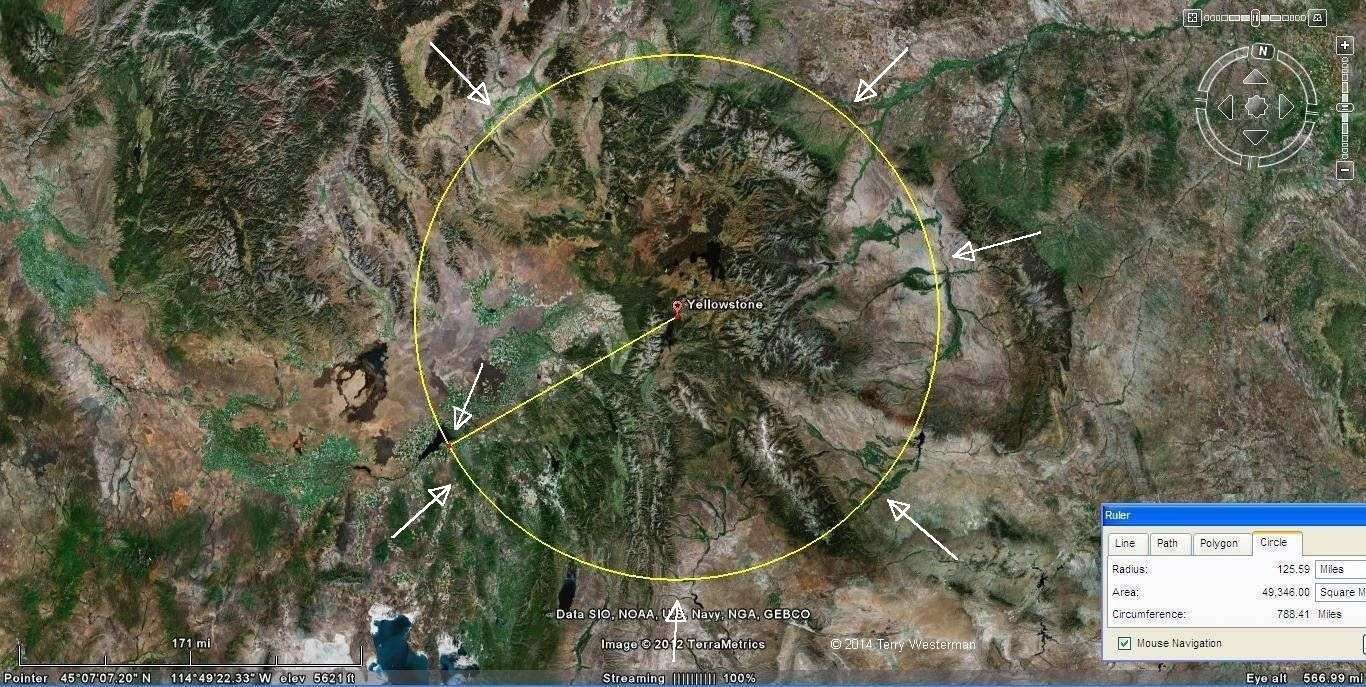 The Yellowstone Meteor Impact seismic circle at 125 miles distance