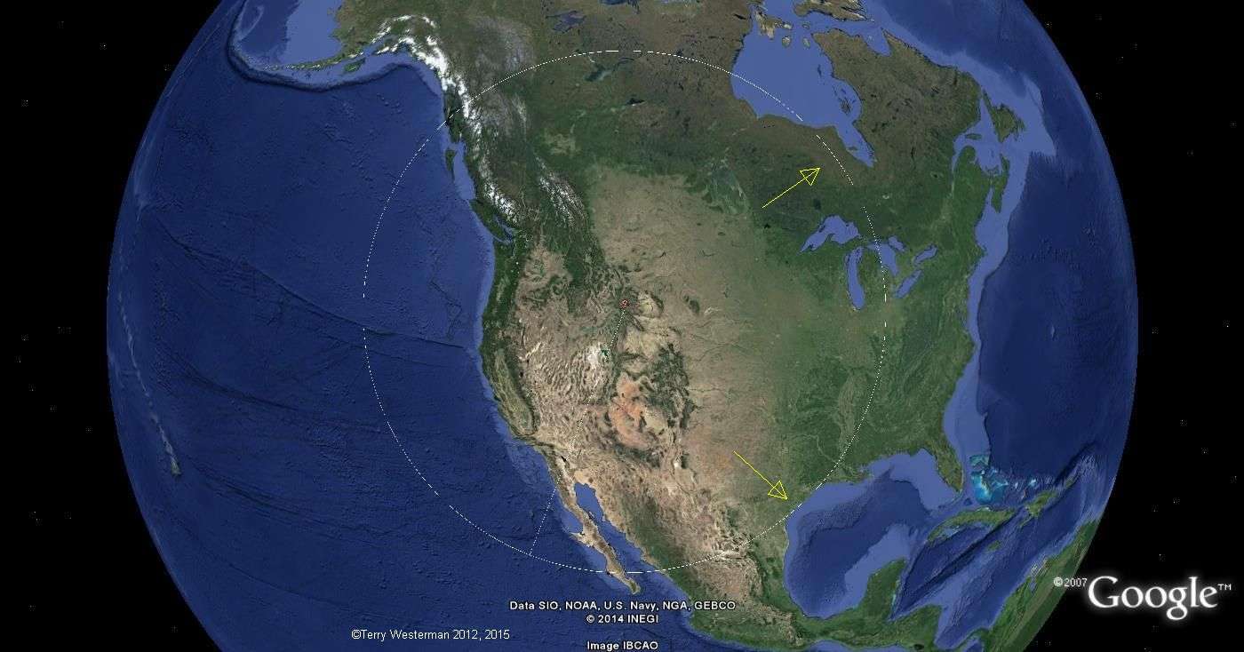 The Yellowstone Meteor Impact seismic circle at 1340 miles distance.