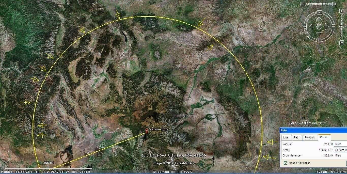 The Yellowstone Meteor Impact seismic circle at 210 miles distance North section.