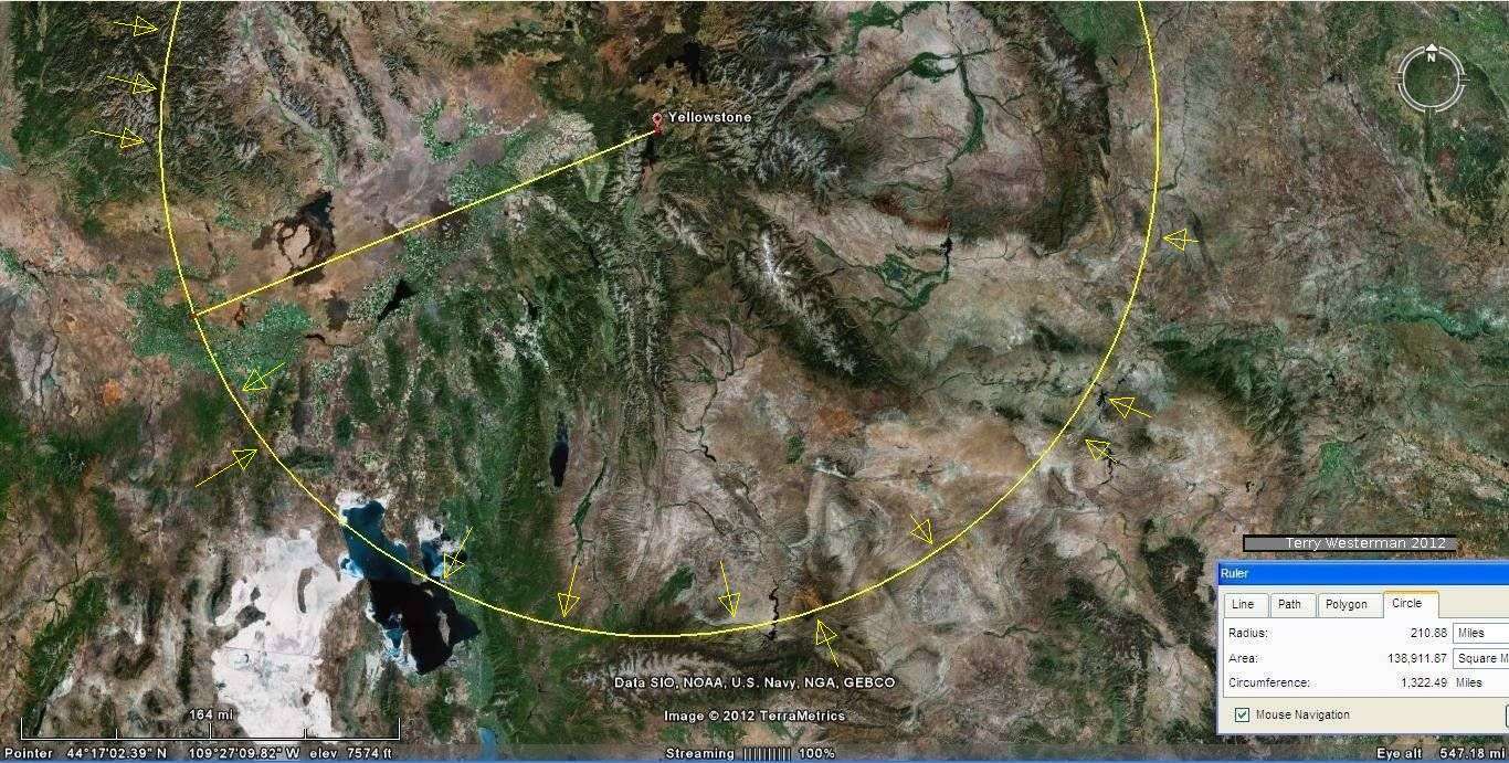 The Yellowstone Meteor Impact seismic circle at 210 miles distance South section.