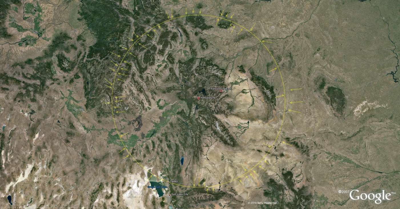 The Yellowstone Meteor Impact seismic circle at 210 miles distance.