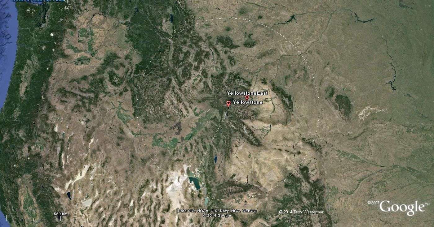 The Yellowstone Meteor Impact seismic circle at 265 miles distance.