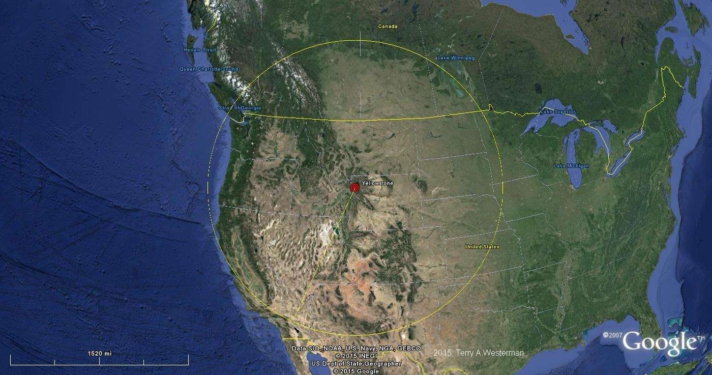 The Yellowstone Meteor Impact seismic circle at 760 miles distance
