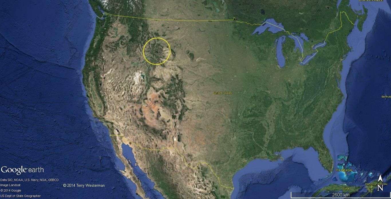 The Yellowstone Meteor Impact circled