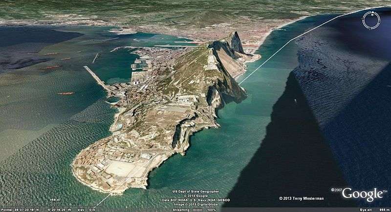 The Rock of Gibraltar overturnde by a meteor impact 85 km to the East.
